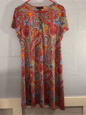 MSK Multicolor MIDI Dress SZ L, Paisley, Geometric, 38” long with Ring Detail